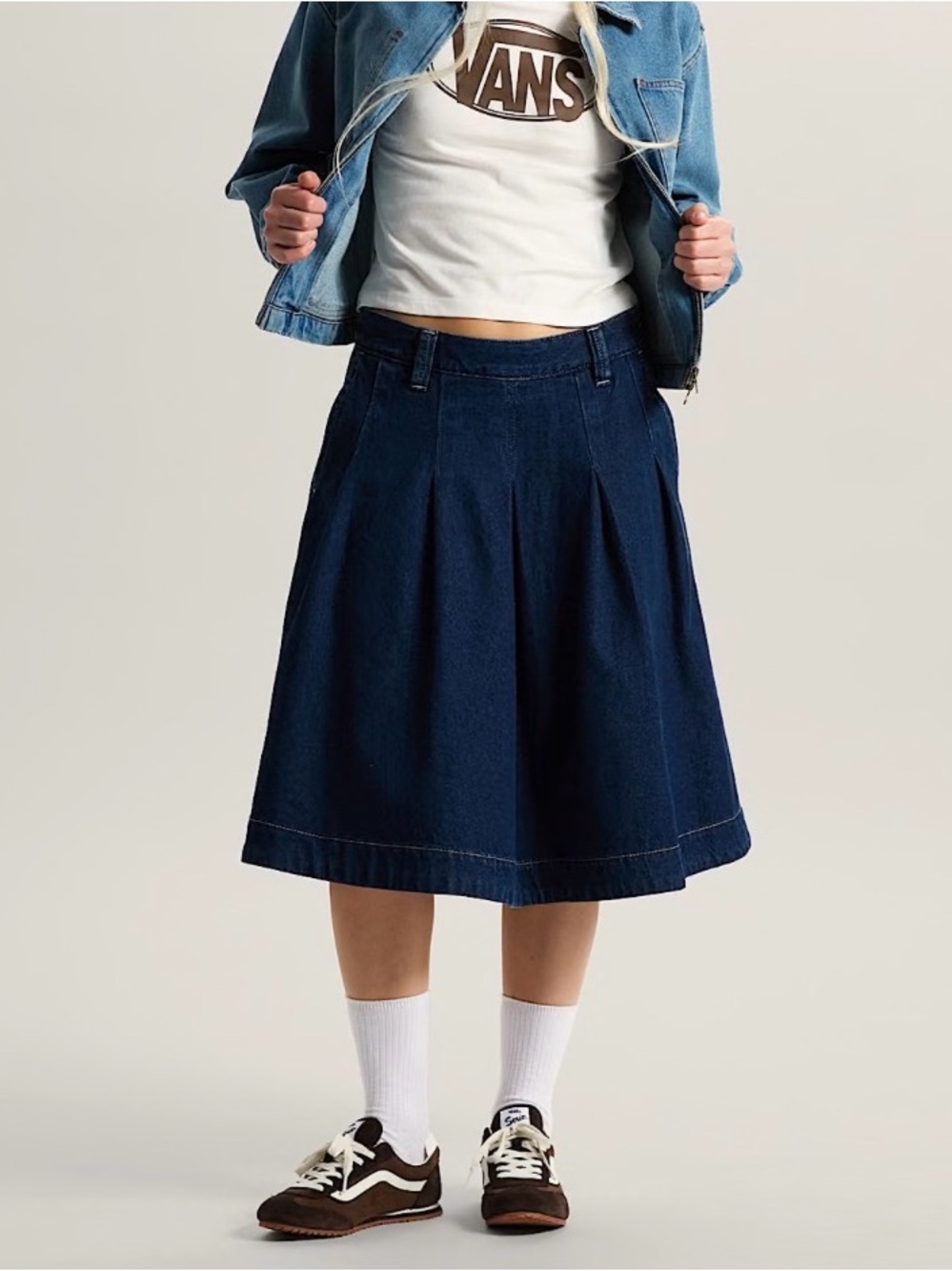 Vans Navy Denim Pleated Midi Skirt